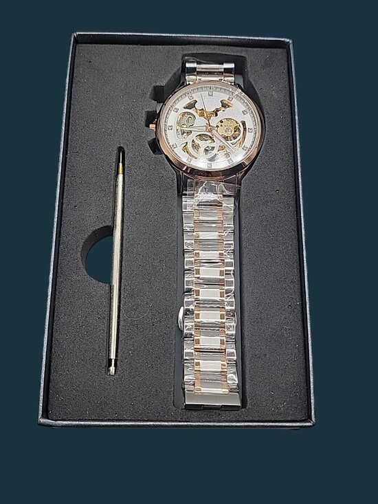 Luminous Mens Skeleton Automatic Watch 42mm T22k Gold Plated Diamond Markers main image 13
